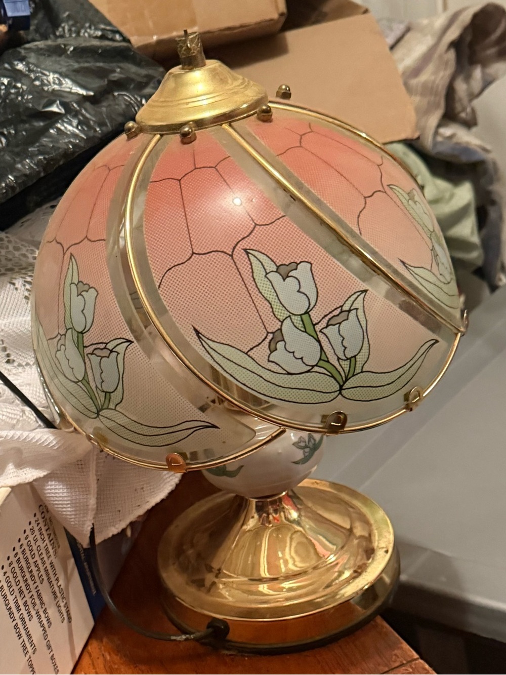 Pink Floral Glass Shade Brass Accent Lamp